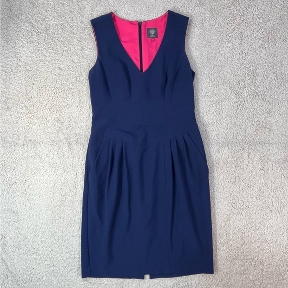 VINCE CAMUTO Women's Navy Sleeveless Tailored Pleated Sheath Dress Blue Size 6 - Picture 1 of 13
